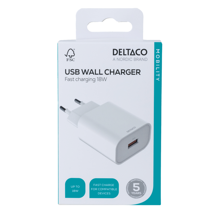 USB-A Vegglader Rask lading 18 W Hvit
