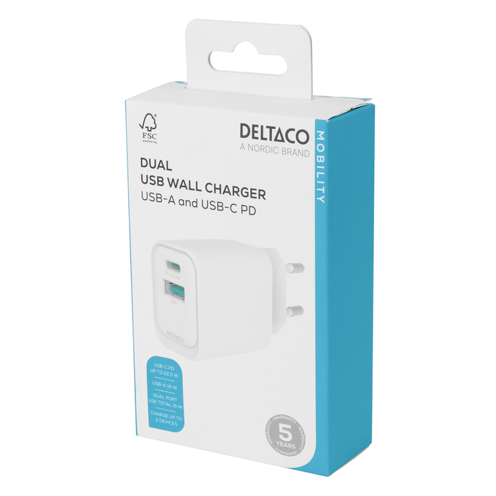 Vegglader USB-A 18 W og USB-C PD 20 W Hvit