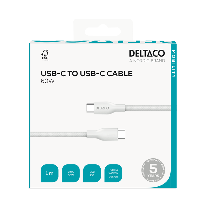 USB-C til USB-C Ladekabel Flettet 60 W Hvit 1 m